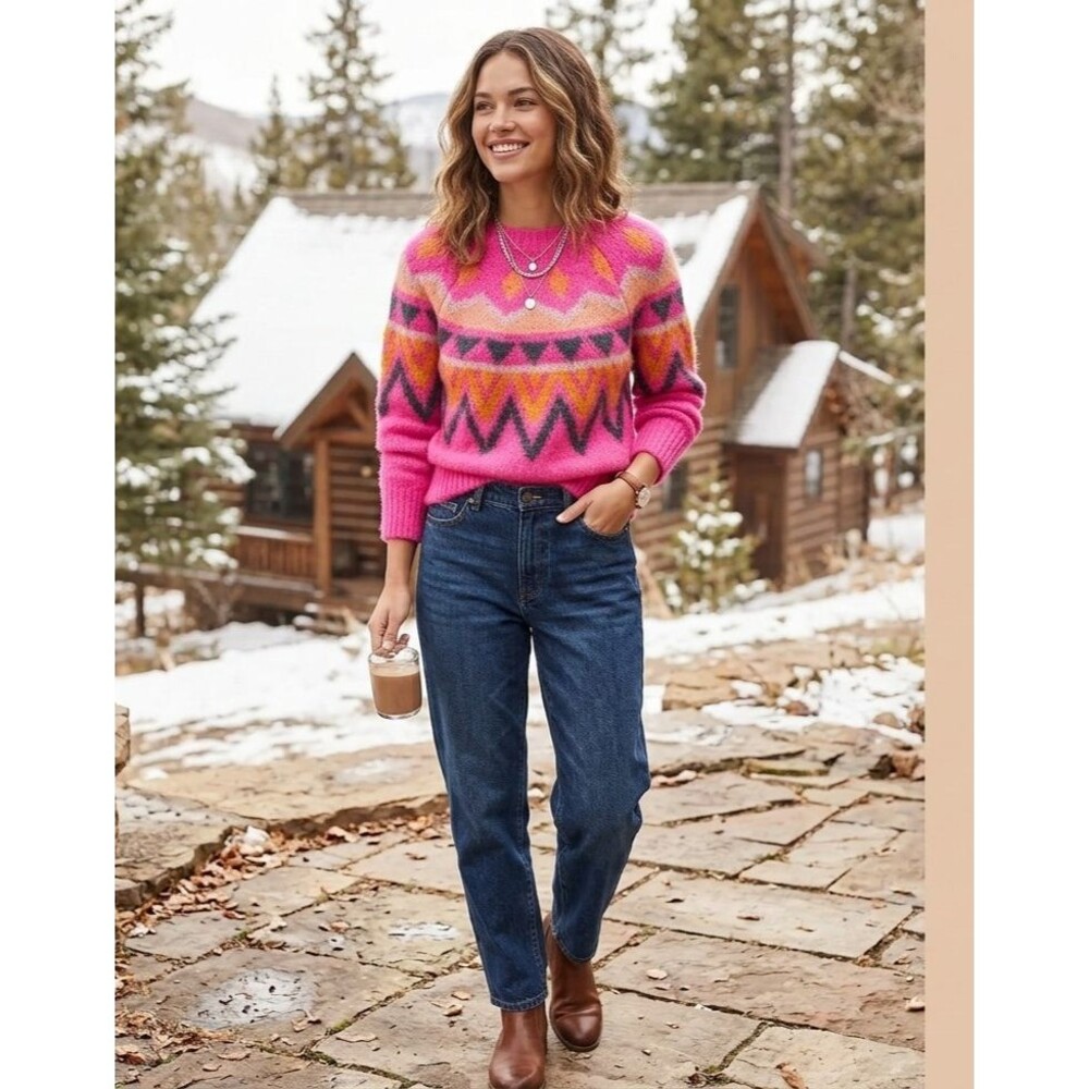 A New Day Sweater Women's Small Pink Fair Isle Crew Neck Cozy Knit Ribbed Hem